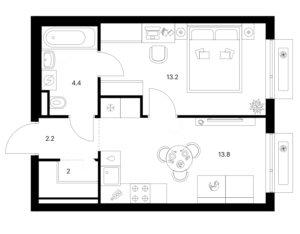 Планировка: 1-комнатная квартира 35,6 м² в ЖК «Зеленый парк»