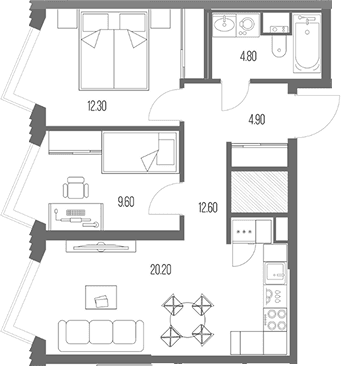 Планировка: 2-комнатная квартира 54,4 м² в ЖК «Северный Порт»