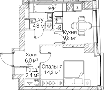 Планировка: 1-комнатная квартира 36,7 м² в ЖК «СЕЗАР БУДУЩЕЕ»