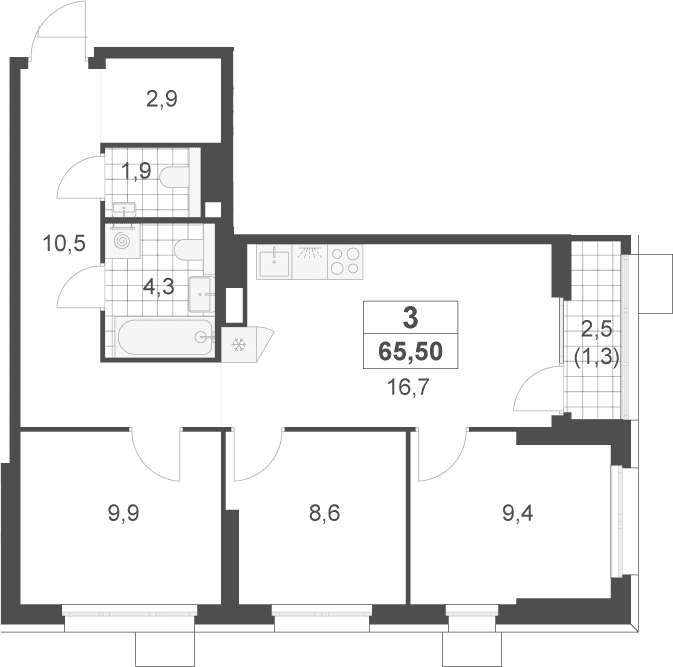 Планировка: Квартира евро-4 64,2 м² в ЖК «Скандинавия»