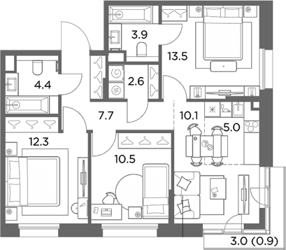 Планировка: Квартира евро-4 70 м² в ЖК «Станиславский»