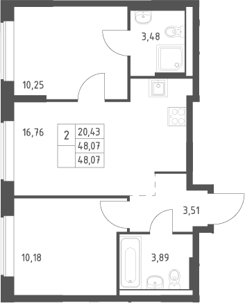 Планировка: Евротрёшка 48,1 м² в ЖК «Большое Юрлово»