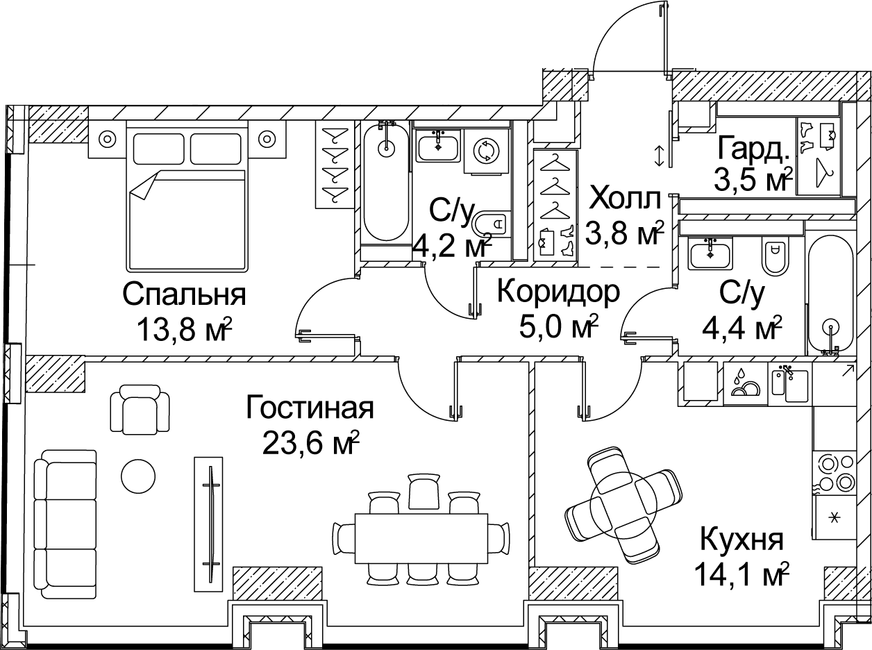 Планировка: 2-комнатная квартира 72,8 м² в ЖК «СЕЗАР БУДУЩЕЕ»