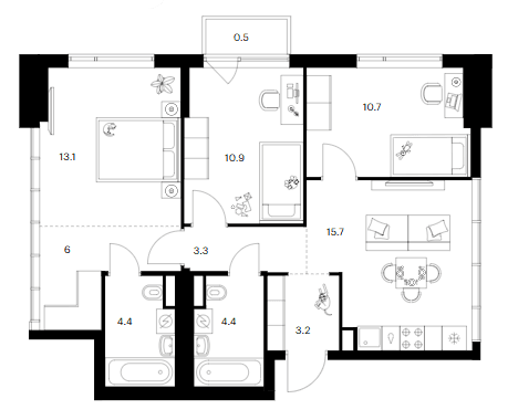 Планировка: 3-комнатная квартира 71,7 м² в ЖК «Бунинская набережная»
