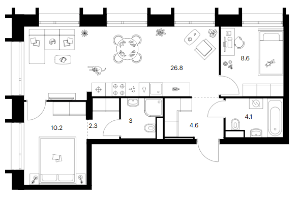 Планировка: 2-комнатная квартира 59,6 м² в ЖК «Зеленый парк»
