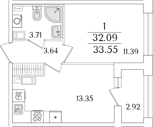 Планировка: 1-комнатная квартира 32,1 м² в ЖК «Аурум»