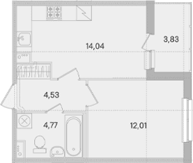 Планировка: 1-комнатная квартира 35,4 м² в ЖК «Ясно.Янино»