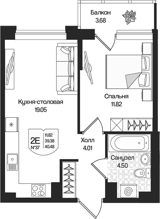 Планировка: Евродвушка 39,4 м² в ЖК «Охтинские высоты»