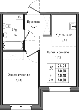 Планировка: Евродвушка 40,2 м² в ЖК «Тишин»
