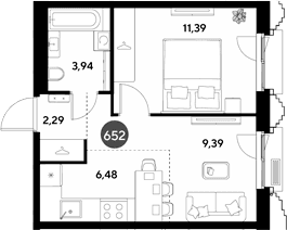 Планировка: Евродвушка 33,5 м² в ЖК «ЭВО»
