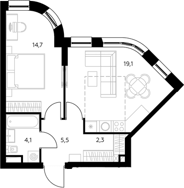 Планировка: Евродвушка 47,1 м² в ЖК «Адмирал»
