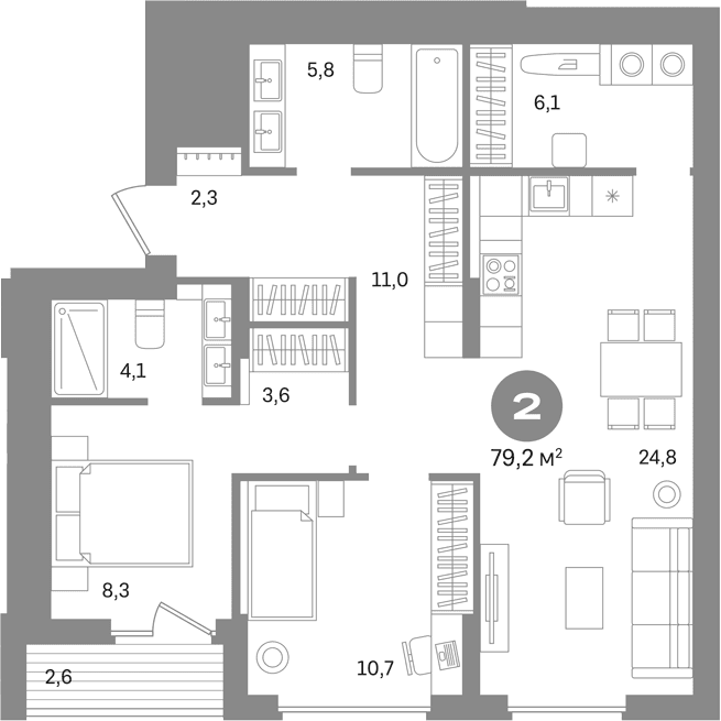 Планировка: 2-комнатная квартира 76,6 м² в ЖК «Первый квартал. Вторая очередь»