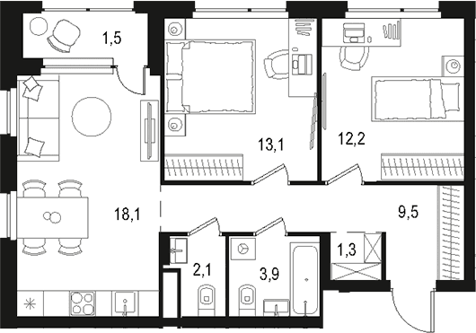 Планировка: Евротрёшка 60,2 м² в ЖК «Левел Лесной»