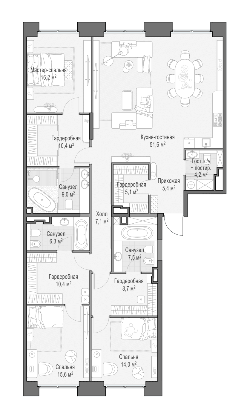 Планировка: Квартира евро-4 172,8 м² в ЖК «Квартал Life Time»