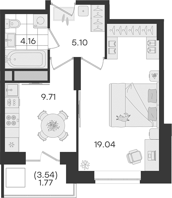 Планировка: 1-комнатная квартира 38 м² в ЖК «Новый Весенний»