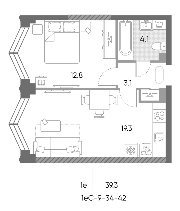 Планировка: Евродвушка 39,3 м² в ЖК «ЗилАрт»