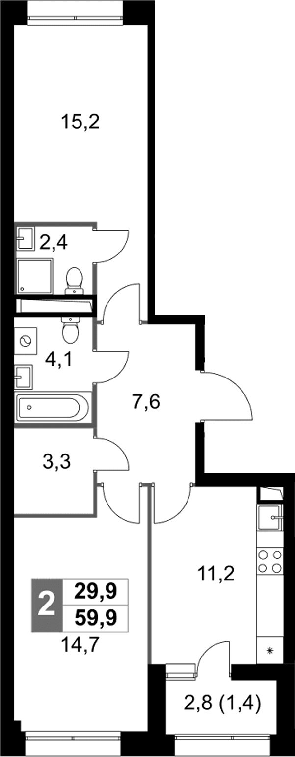 Планировка: 2-комнатная квартира 58,5 м² в ЖК «Скай Гарден»