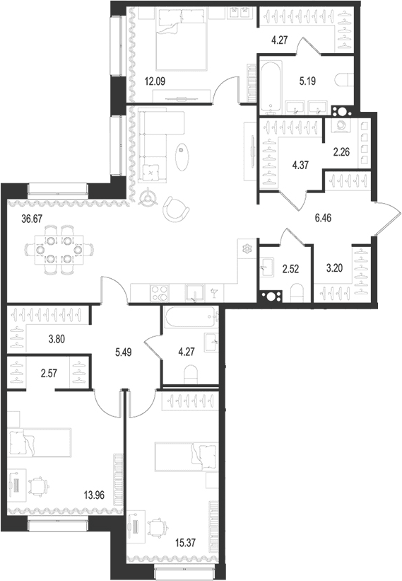 Планировка: Квартира евро-4 122,5 м² в ЖК «Остров Первых»