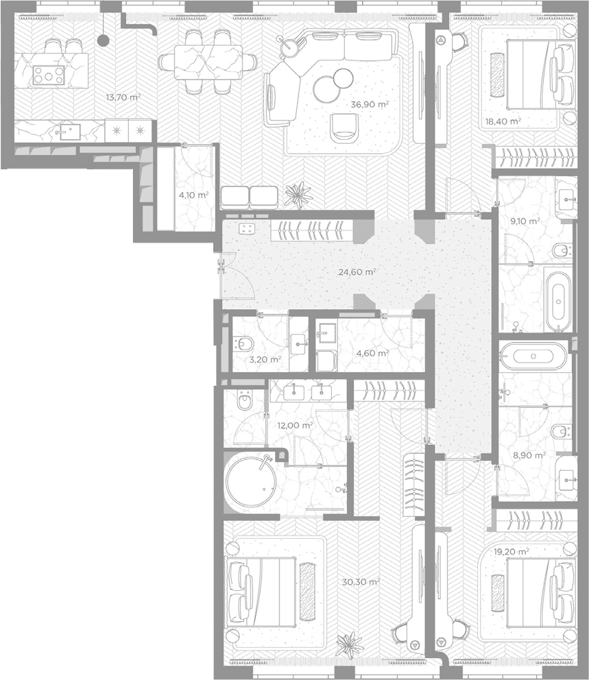 Планировка: 3-комнатная квартира 185 м² в ЖК «Николь»