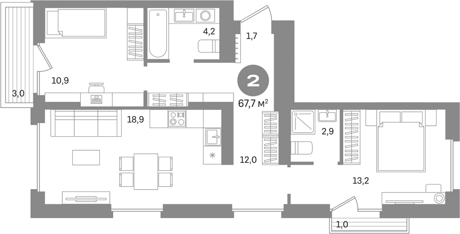 Планировка: 2-комнатная квартира 63,7 м² в ЖК «Первый квартал. Вторая очередь»