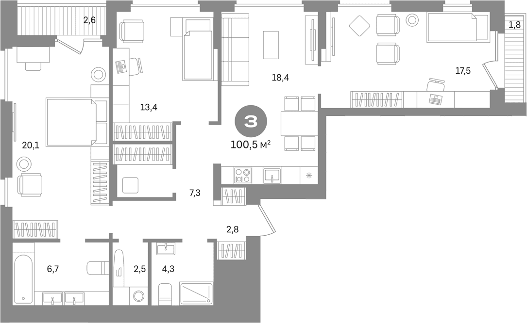 Планировка: 3-комнатная квартира 96,1 м² в ЖК «Первый квартал. Вторая очередь»