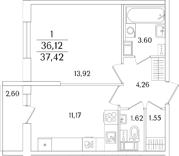 Планировка: 1-комнатная квартира 36,1 м² в ЖК «Кинопарк»