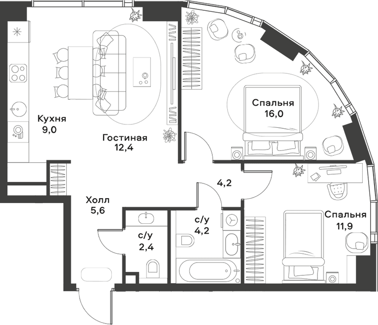 Планировка: Евротрёшка 65,7 м² в ЖК «АЛИА»