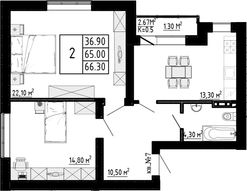 Планировка: 2-комнатная квартира 65 м² в ЖК «Перспектива»