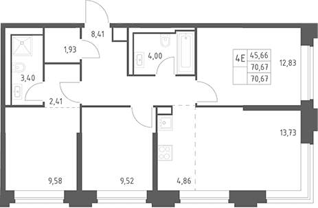 Планировка: Квартира евро-4 70,6 м² в ЖК «Верейская 41»
