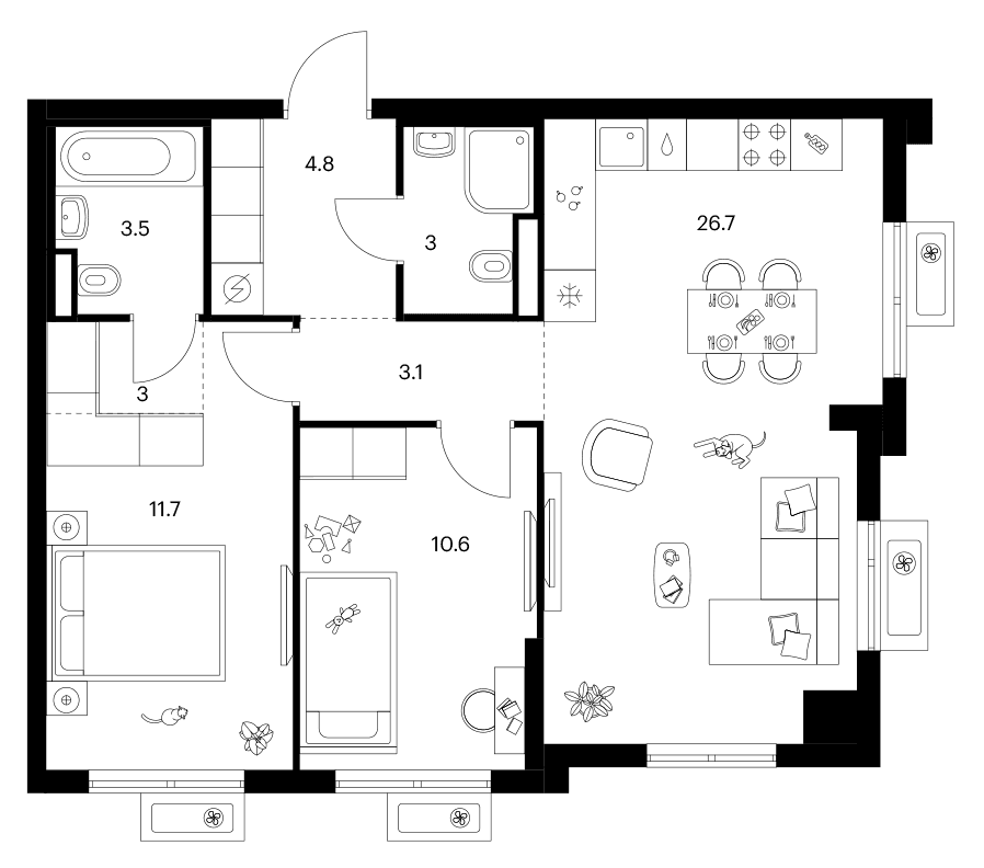 Планировка: 2-комнатная квартира 66,4 м² в ЖК «Ярославский»