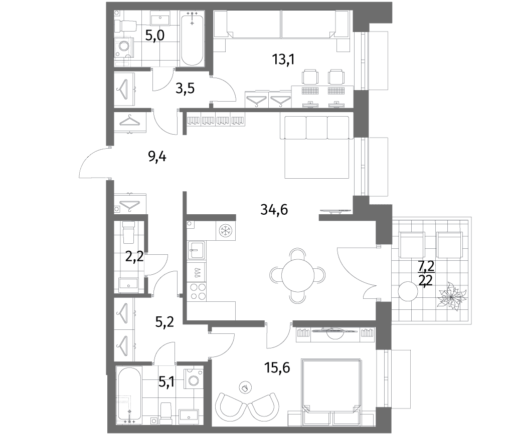 Планировка: Евротрёшка 93,7 м² в ЖК «Парусная 1»