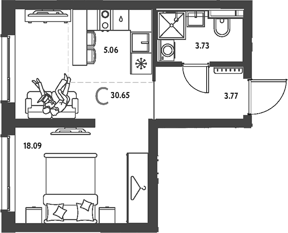 Планировка: Студия 30,7 м² в ЖК «Страна.Парковая»