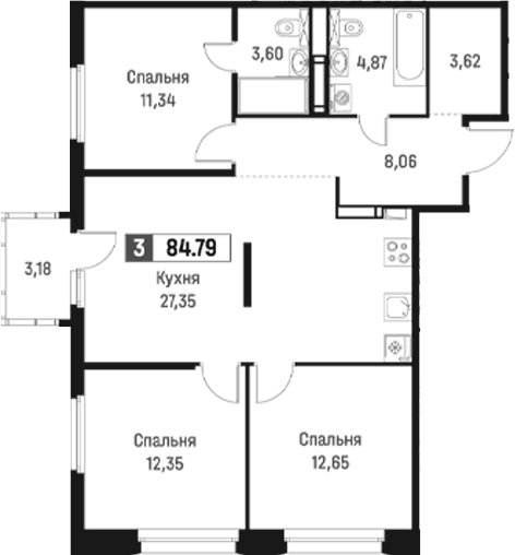 Планировка: Квартира евро-4 83,8 м² в ЖК «Максималист»