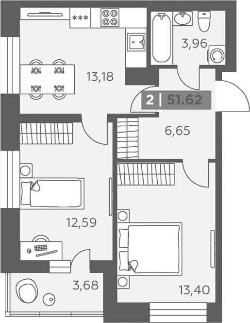 Планировка: 2-комнатная квартира 49,8 м² в ЖК «Аквилон Солар»