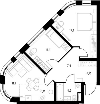 Планировка: Евротрёшка 67,4 м² в ЖК «Адмирал»