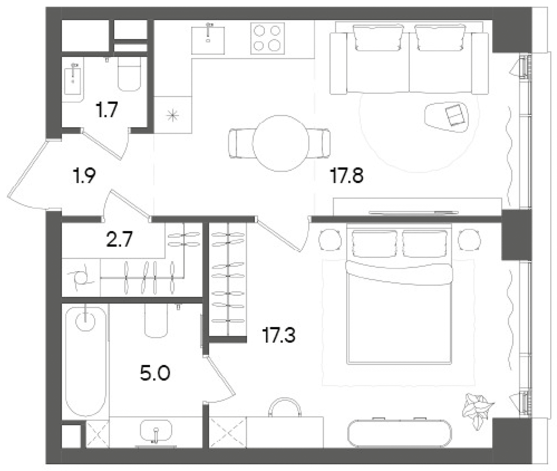 Планировка: Евродвушка 46,4 м² в ЖК «СТОУН Грэйн»