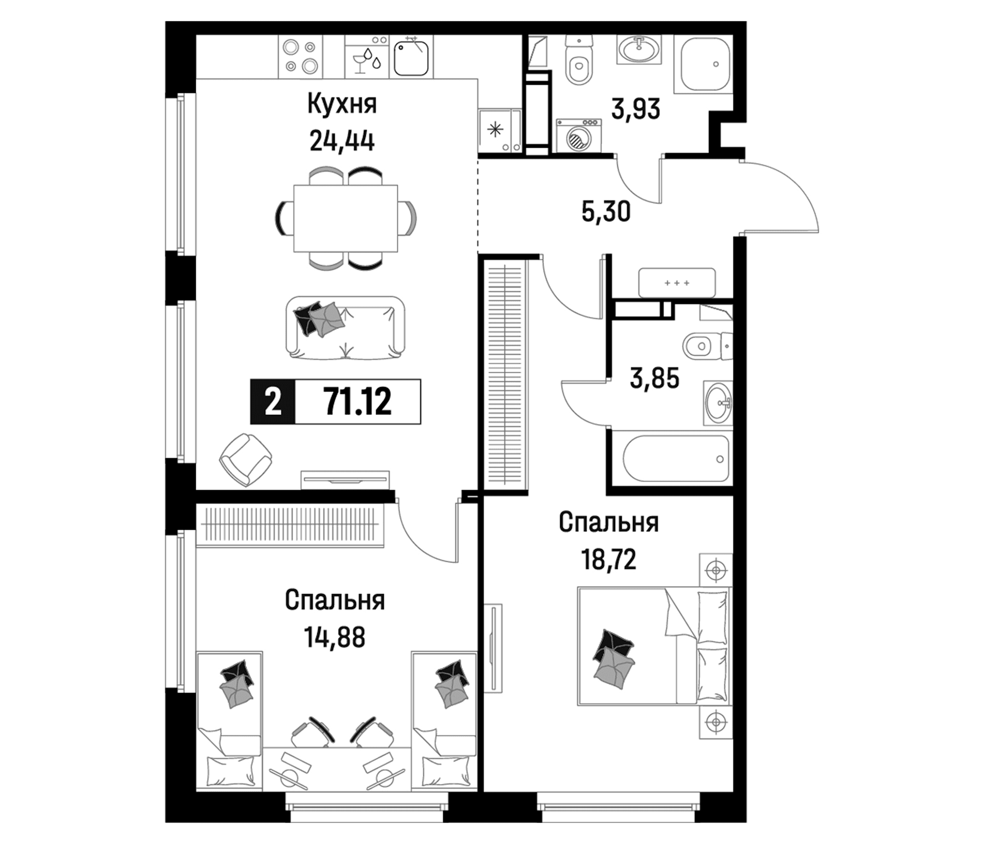 Планировка: Евротрёшка 71,1 м² в ЖК «Максималист»