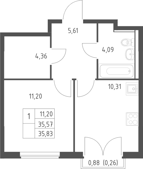 Планировка: 1-комнатная квартира 35,6 м² в ЖК «Егорово парк»