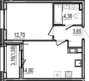 Планировка: 1-комнатная квартира 35,6 м² в ЖК «Оптимист»