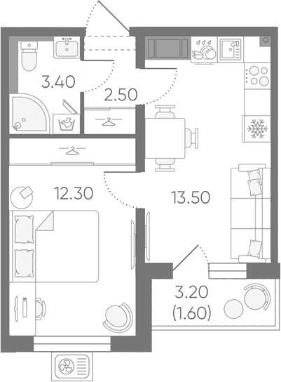 Планировка: 1-комнатная квартира 31,7 м² в ЖК «Зеркальный ручей»