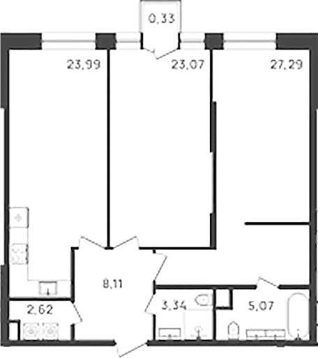 Планировка: Евротрёшка 94,8 м² в ЖК «6 Квартал»