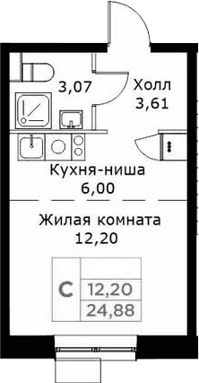 Планировка: Студия 24,9 м² в ЖК «КИТ»