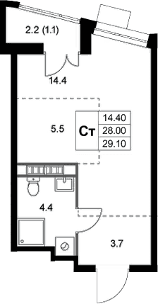 Планировка: Студия 28 м² в ЖК «Легенда Коренево»