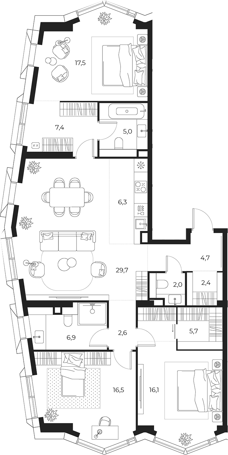 Планировка: Квартира евро-4 122,8 м² в ЖК «МАСТЕРС»