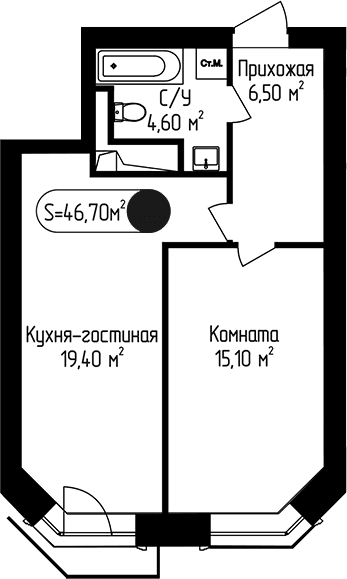 Планировка: 1-комнатная квартира 46,7 м² в ЖК «Пение Птиц»