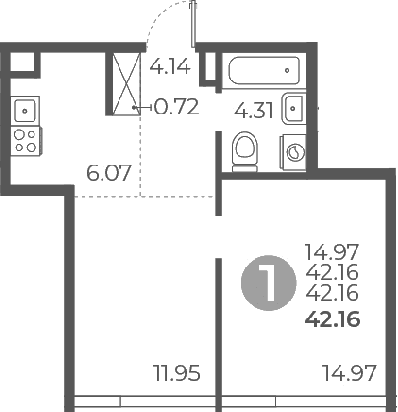 Планировка: 1-комнатная квартира 42,2 м² в ЖК «Мневники от Гранель»