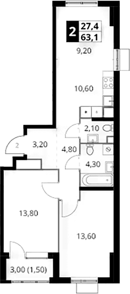 Планировка: Евротрёшка 61,6 м² в ЖК «1-й Химкинский»