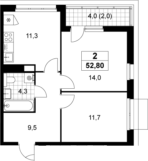 Планировка: 2-комнатная квартира 50,8 м² в ЖК «Деснаречье»