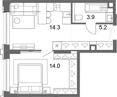 Планировка: Евродвушка 37,4 м² в ЖК «ОМ Ботанический»