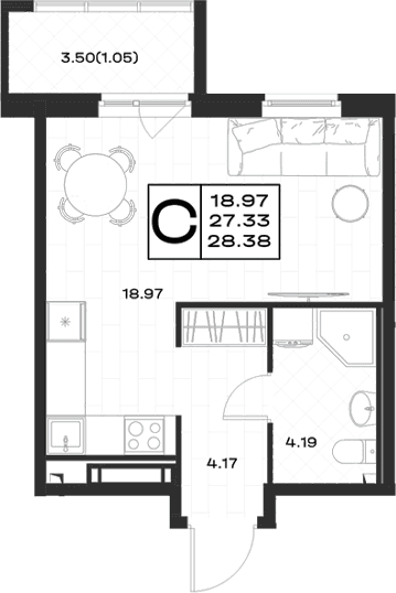 Планировка: Студия 27,3 м² в ЖК «Имена»
